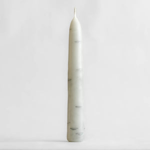 Photo of single Birch Tree candle made of 100% Canadian beeswax, standing upright with white background.