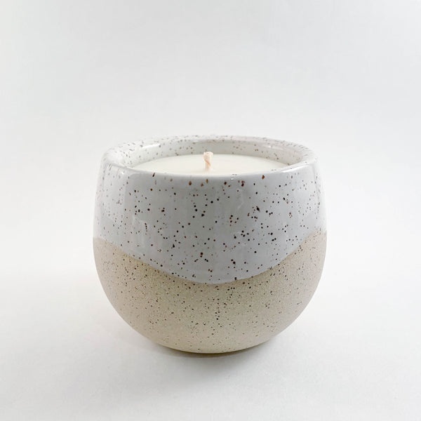 X Large Candle Pot, partially glazed with exposed raw clay, filled with 100% Canadian beeswax.