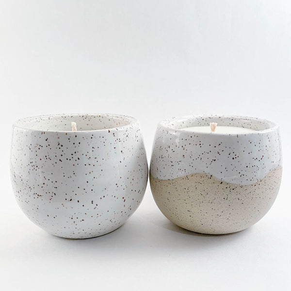 Two X Large Candle Pots, fully glazed & partially glazed, filled with 100% Canadian beeswax.