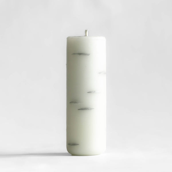 Photo of single tall Birch Log candle made of 100% Canadian beeswax, standing upright with white background.